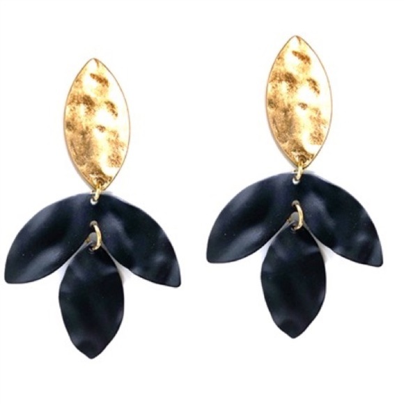 Black Color Coated Metal and Gold Tone Floral Earrings - Picture 2 of 9